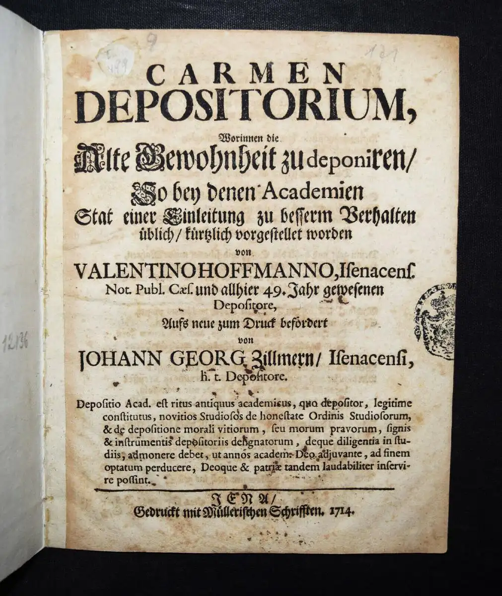 BAROCKLITERATUR - STUDENTICA 1714 - Hoffmann - Carmen depositorium