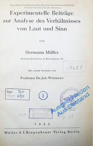 SPRACHWISSENSCHAFTEN EINZIGE AUSGABE H. Müller, Analyse von Laut und Sinn 1935