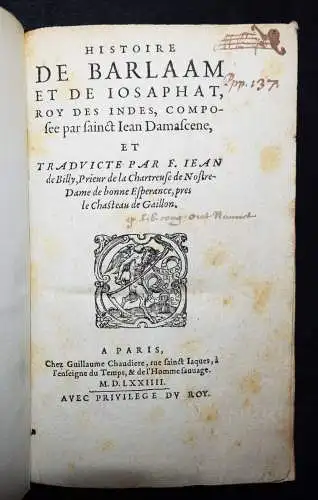 Johannes Damascenus, Histoire de Barlaam - 1574 INDIA INDIEN