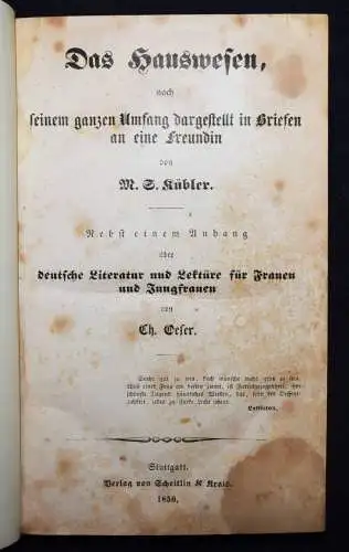 Kübler. Hauswesen - 1850 HANDARBEITEN KOCHEN HAUSWIRTSCHAFT