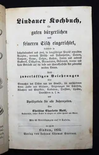 Riedl, Lindauer Kochbuch - 1852 BODENSEE KOCHEN