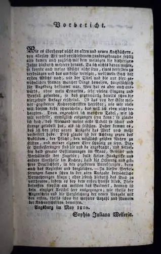 Weiler. Ausburgisches Kochbuch. Augsburg 1816 KOCHEN BACKEN BAVARICA BAYERN