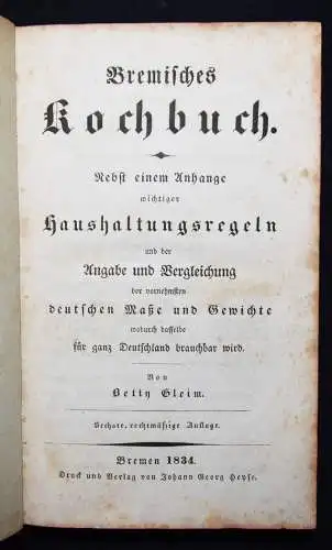 Gleim, Bremisches Kochbuch - 1834 BREMEN