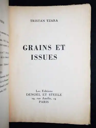 Tzara, Grains et issues - 1935 - 1/600 Ex. -  AVANTGARDE DADA SURREALI