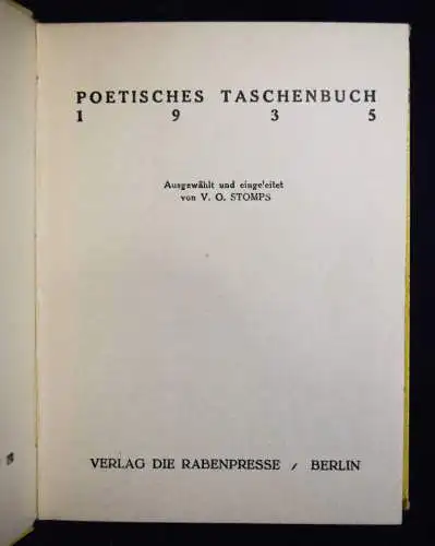 Stomps, Poetisches Taschenbuch 1935 Einzige Ausgabe ANTHOLOGIE LYRIK