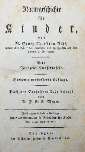 Raff, Naturgeschichte für Kinder - 1803 SCHÖNE KUPFERTAFEL Zoologie Biologie