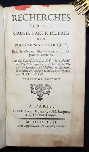 Nollet, ...particulieres des phenomenes electriques 1753 ELEKTRIZITÄR PHYSIK