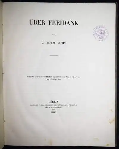 Grimm, Über Freidank - 1850 - GERMANISTIK - LITERATURGESCHICHTE