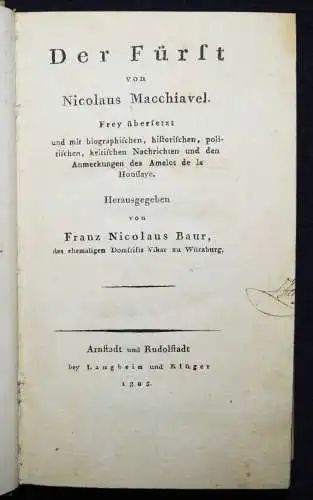 Macchiavelli, Der Fürst - 1805 EINZIGE AUSABE DIESER ÜBERSETZUNG - MACHIAVELLI