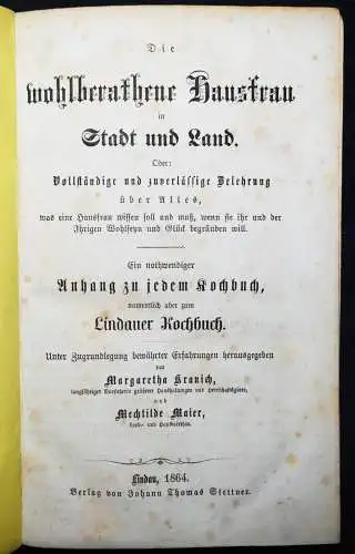 Kranich, Die wohlberathene Hausfrau in Stadt und Land 1864 KOCHBUCH