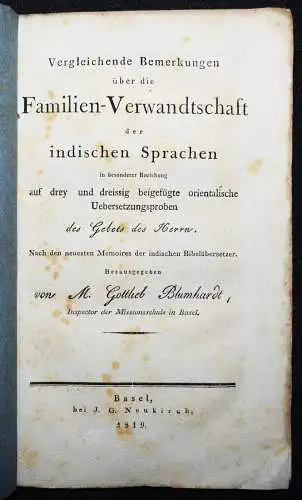 Blumhardt,...Verwandtschaft der indischen Sprachen 1819 INDIOLOGIE INDIEN ORIENT