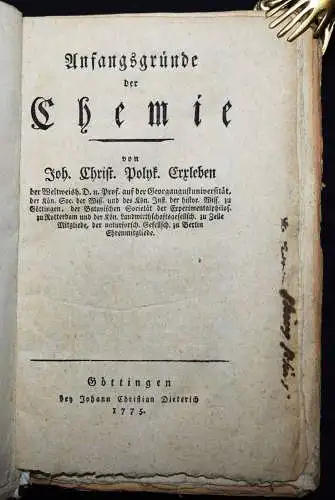 Erxleben, Anfangsgründe der Chemie - 1775 SELTENE ERSTE AUSGABE