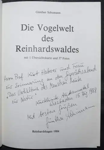 SCHUMANN, DIE VOGELWELT DES REINHARDSWALDES - WIDMUNGSEXEMPLAR - SIGNIERT