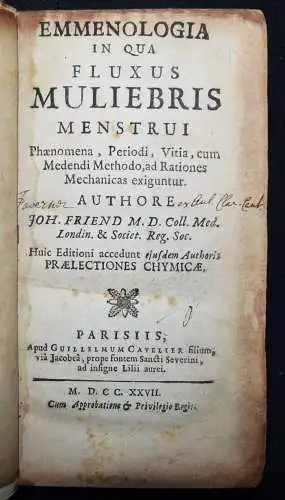 Freind, Emmenologia - 1727 MENSTRUATION GYNÄKOLOGIE CHEMIE