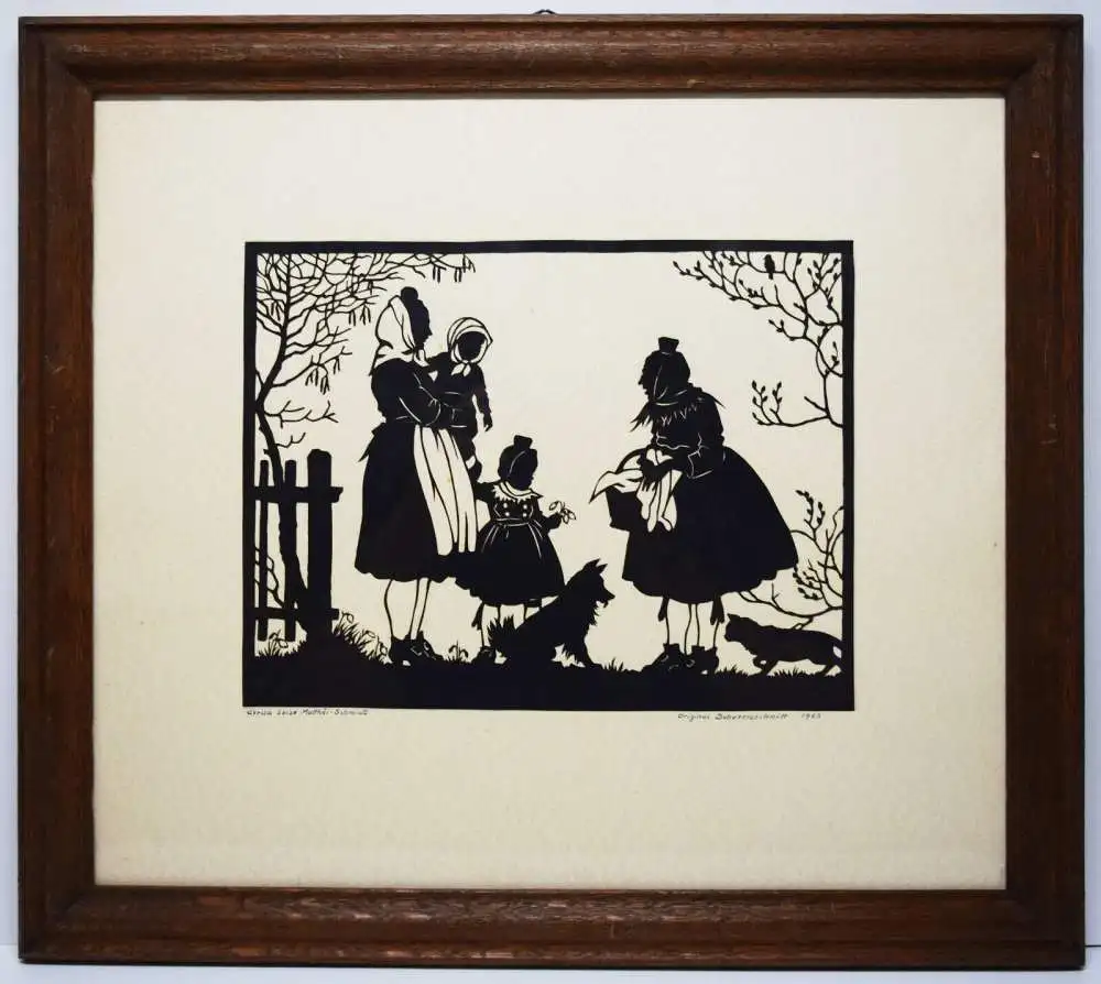 ORIG.-SCHERENSCHNITT 1953 SIGNIERT Matthei-Schmidt. Zwei Frauen, Kinder, Hunde 0