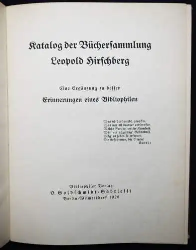 Katalog der Büchersammlung Leopold Hirschberg NUMMERIERT 1/200