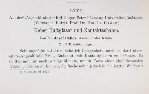 Dallos, Haftgläser und Kontaktschalen 1933 KONTAKTLINSEN OPTIK AUGENHEILKUNDE