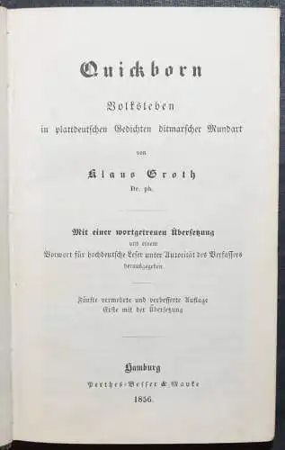 Groth, Quickborn - 1856 GEDICHTE LYRIK MUNDART PLATTDEUTSCH