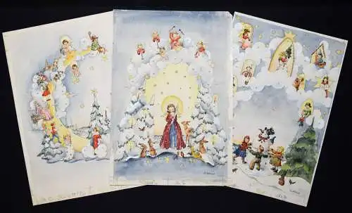 ADVENTSKALENDER Ortlieb, Ursula. 6 signierte ORIG.-AQUARELLE um 1950 WEIHNACHTEN