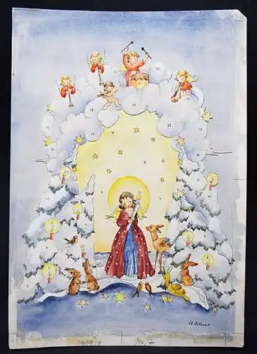 ADVENTSKALENDER Ortlieb, Ursula. 6 signierte ORIG.-AQUARELLE um 1950 WEIHNACHTEN