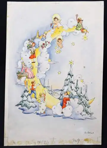 ADVENTSKALENDER Ortlieb, Ursula. 6 signierte ORIG.-AQUARELLE um 1950 WEIHNACHTEN