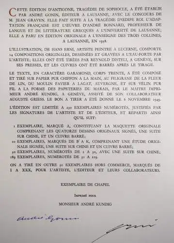 Sophokles, Antigone: Tragedie de Sophocle - 1949 SIGNIERT NUMMERIERT 1/230