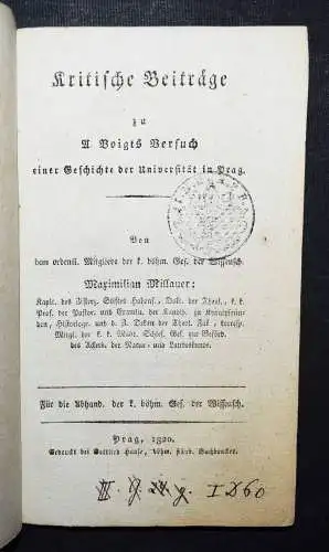 Millauer, Kritische Beiträge - 1820 - TSCHECHIEN - BÖHMEN - PRAG - STUDENTICA