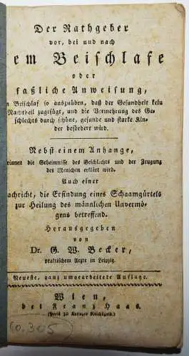 Becker, Der Rathgeber vor, bei und nach dem Beischlafe 1816 EROTIK