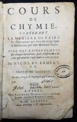 Lemery, Nicolas. Cours de chymie - 1688 ALCHEMIE CHEMIE