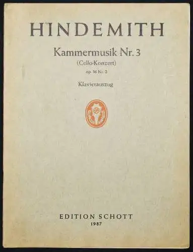 Hindemith, Paul. Kammermusik Nr. 3 (Cello-Konzert). Schott um 1930 HANDSIGNIERT