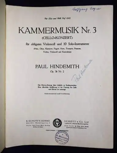 Hindemith, Paul. Kammermusik Nr. 3 (Cello-Konzert). Schott um 1930 HANDSIGNIERT