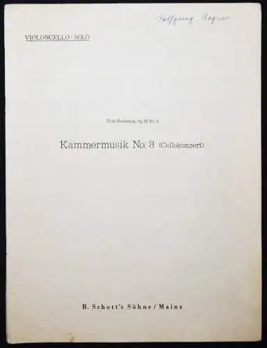 Hindemith, Paul. Kammermusik Nr. 3 (Cello-Konzert). Schott um 1930 HANDSIGNIERT