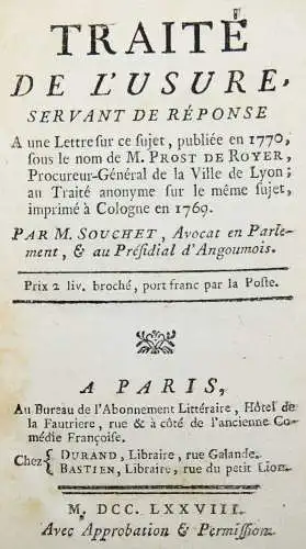 Souchet, Traite de l’usure - 1778 ERSTE AUSGABE