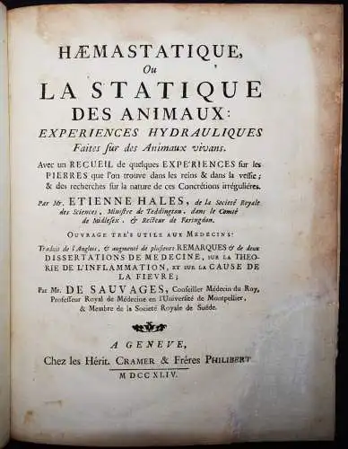 Hales, Haemastatique, ou la statique des animaux 1744 BLUTKREISLAUF PHYSIOLOGIE