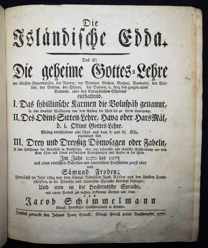 Schimmelmann, Jacob. Die isländische Edda - 1777 MYTHOLOGIE