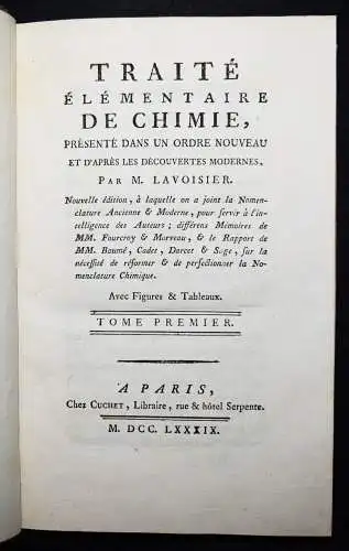 Lavoisier, Traite elementaire de chimie - 1789 CHEMIE CHEMICS