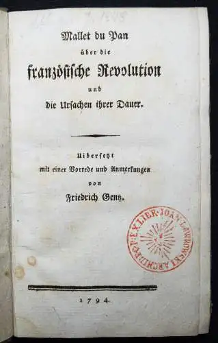 Mallet du Pan, Über die französische Revolution und die Ursachen 1794