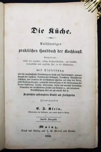 Klein, Carl Friedrich. Die Küche. Wirth 1856 KOCHBUCH KOCHEN