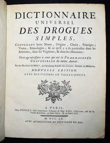 Lemery, Dictionnaire universel des drogues simples 1760 BOTANIQUE BOTANIK BOTANY