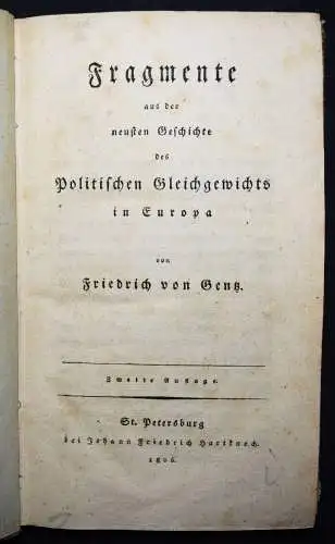 Gentz, Fragmente aus der neuesten Geschichte des politischen Gleichgewichts 1806