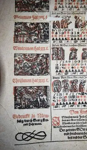 EINBLATTDRUCK KALENDER 1611 - Fuhrmann, Kalender für das Jahr KALENDARIUM