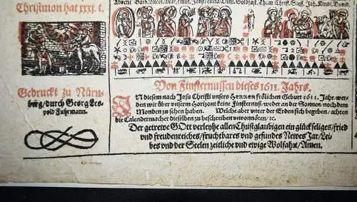 EINBLATTDRUCK KALENDER 1611 - Fuhrmann, Kalender für das Jahr KALENDARIUM