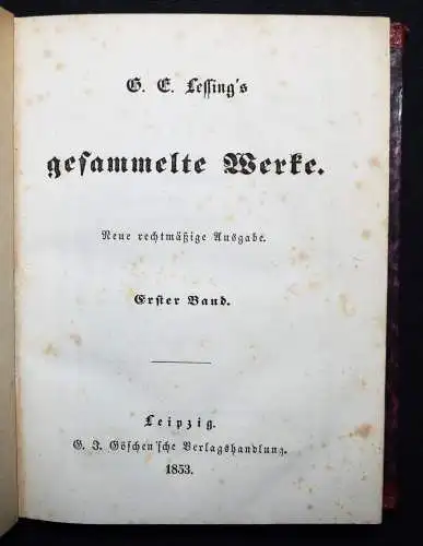 Lessing, Gesammelte Werke. 1853-1857 SCHÖNE HALBLEDER-GESAMTAUSGABE