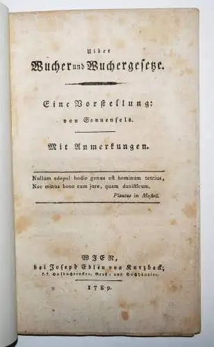 Sonnenfels, Uiber Wucher und Wuchergesetze - 1789 HANDELSRECHT ÖSTERREICH