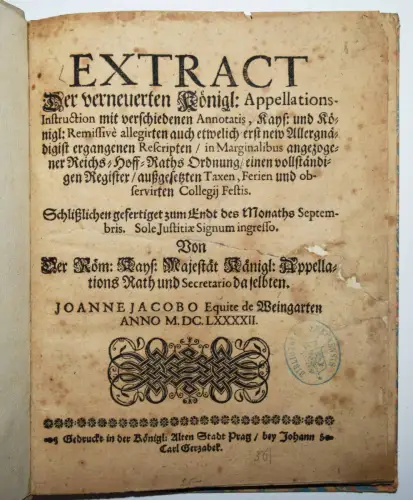 Weingarten, Extract der verneuerten ...Prag, 1692 STAATSRECHT TSCHECHOSLOWAKEI