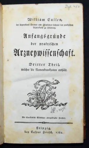 Cullen, Praktischen Arzneywissenschaft - Dritter Theil 1784 - Nervenkrankheiten