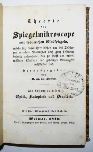 Barfuß, Theorie der Spiegelmikroscope...1840 MIKROSKOPIE OPTIK
