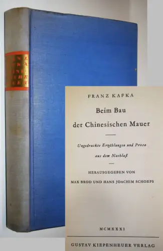 Kafka, Franz. Beim Bau der Chinesischen Mauer - 1931 ERSTE AUSGABE