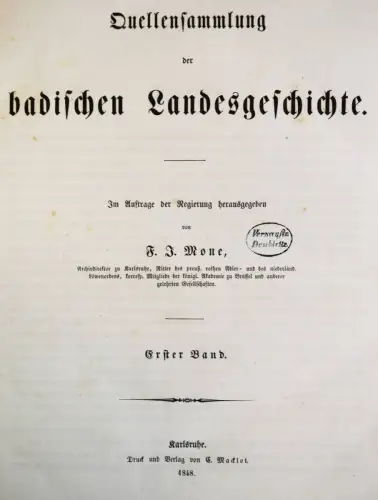 Mone, Quellensammlung der badischen Landesgeschichte 1848 BIBLIOTHEK J.L. UHLAND