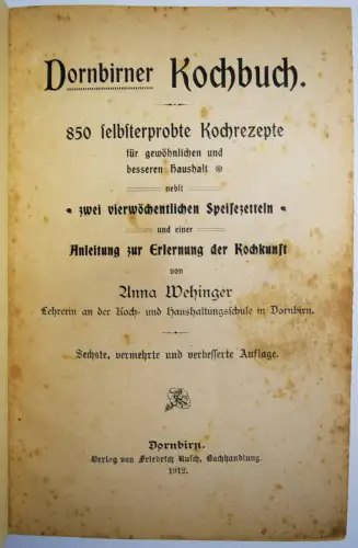 Wehinger, Dornbirner Kochbuch - 1912 DORNBIRN VORARLBERG